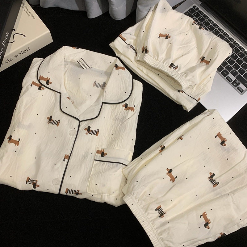 德国ins卡通腊肠狗纯棉纱布睡衣女夏季短袖大码学生家居服薄款三