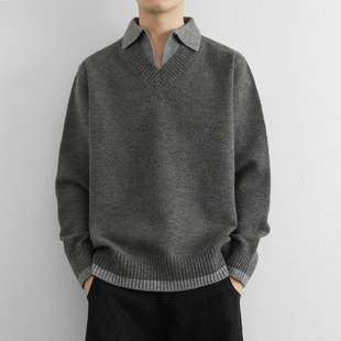 加厚保暖毛线衣内搭针织打 潮流韩版 欧洲站假两件衬衫 领毛衣男冬季