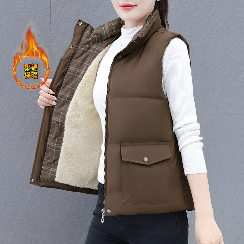 欧洲站加绒加厚棉马甲女外穿新款冬季中年妈妈保暖背心马夹上衣
