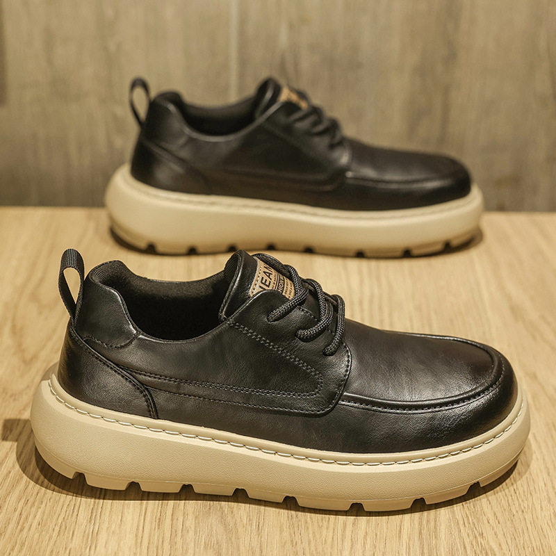 欧洲站厚底增高年轻人皮鞋男士季新款英伦风黑色真皮运动休闲板鞋