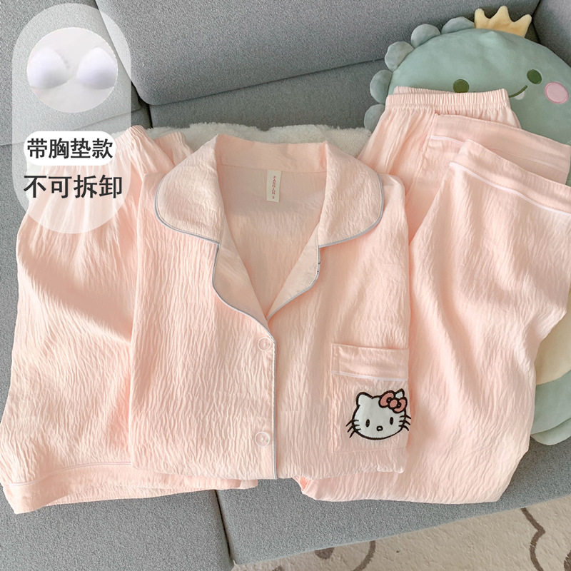 德国带胸垫可爱小猫睡衣女款新款夏季纯棉纱布短袖家居服三件套