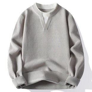 欧洲站假两件圆领毛衣男冬季 加厚毛线衣青少年内搭针织打 潮流韩版