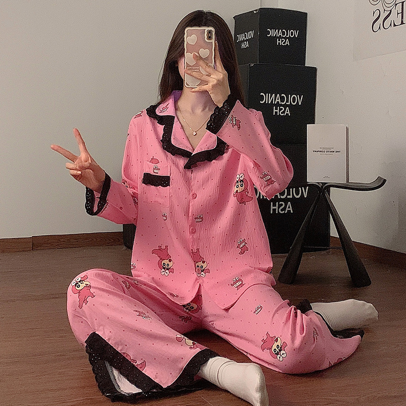 新品优选蜡笔小新睡衣女新款云朵棉长袖甜美可爱蕾丝花边家居服套
