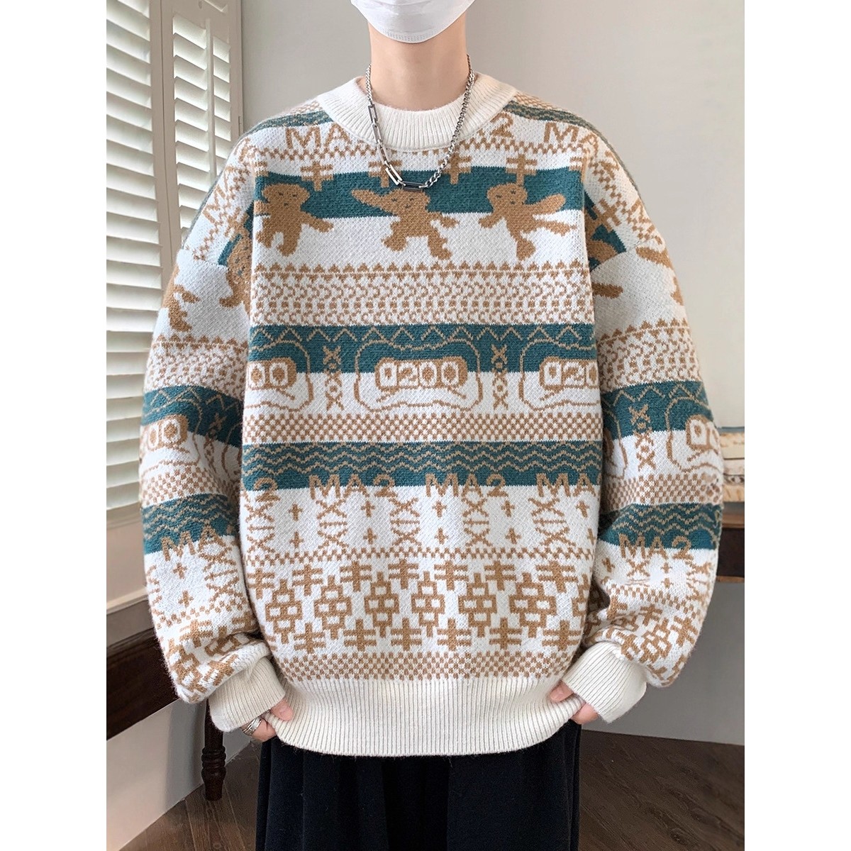 欧洲站青少年毛衣男款冬季潮牌提花圆领针织衫男士加厚保暖毛线打