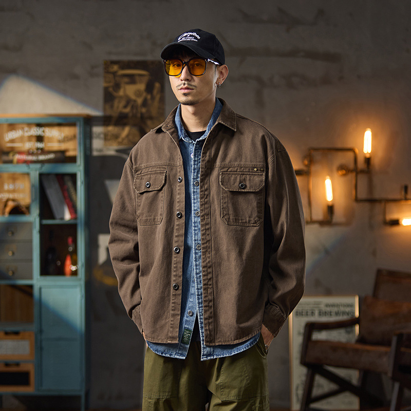 个性时尚男士外套季新款纯棉上衣服宽松潮牌复古工装夹克男衬衫