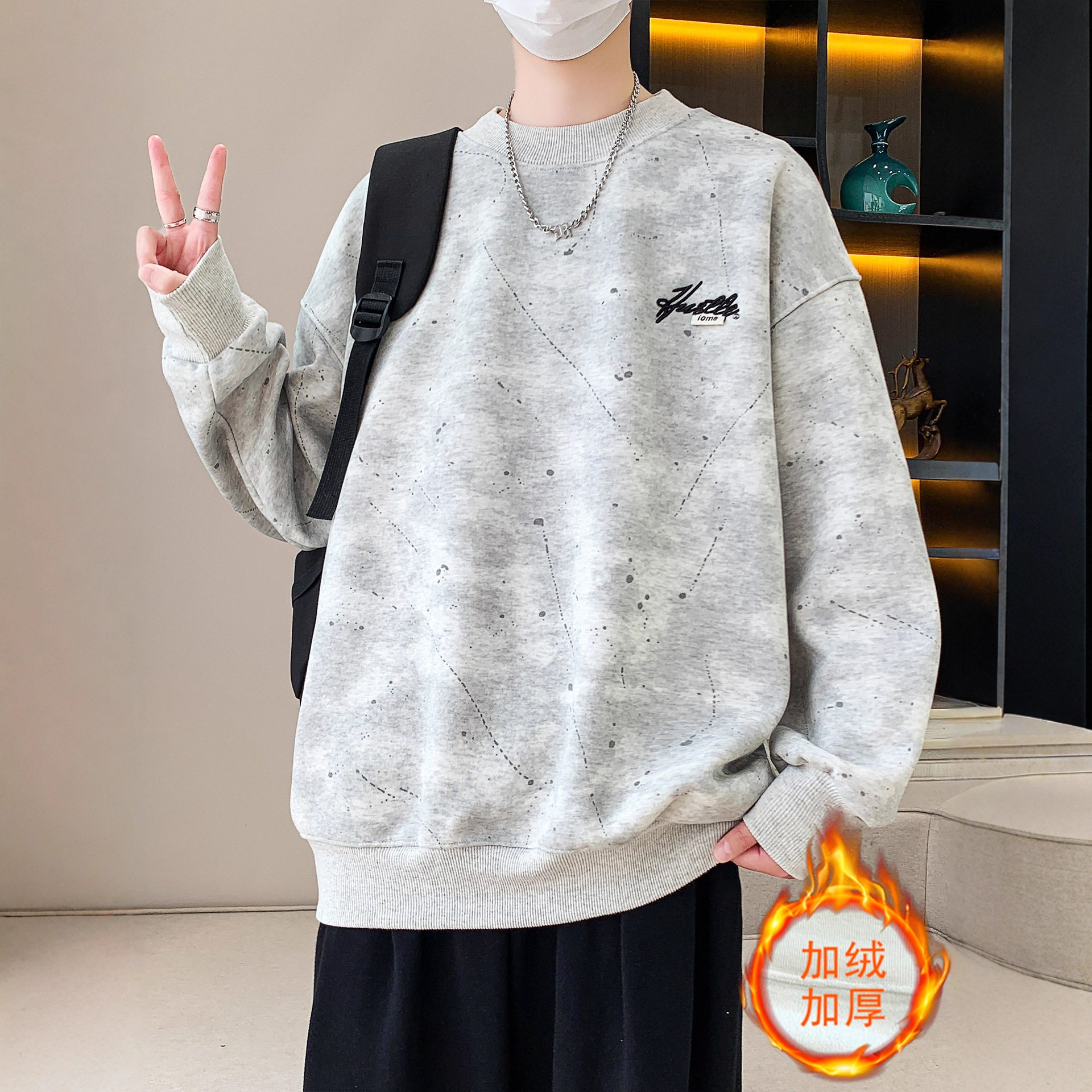 欧洲站冬季加绒加厚卫衣男孩初高中学生长袖t恤青少年大童打底衫