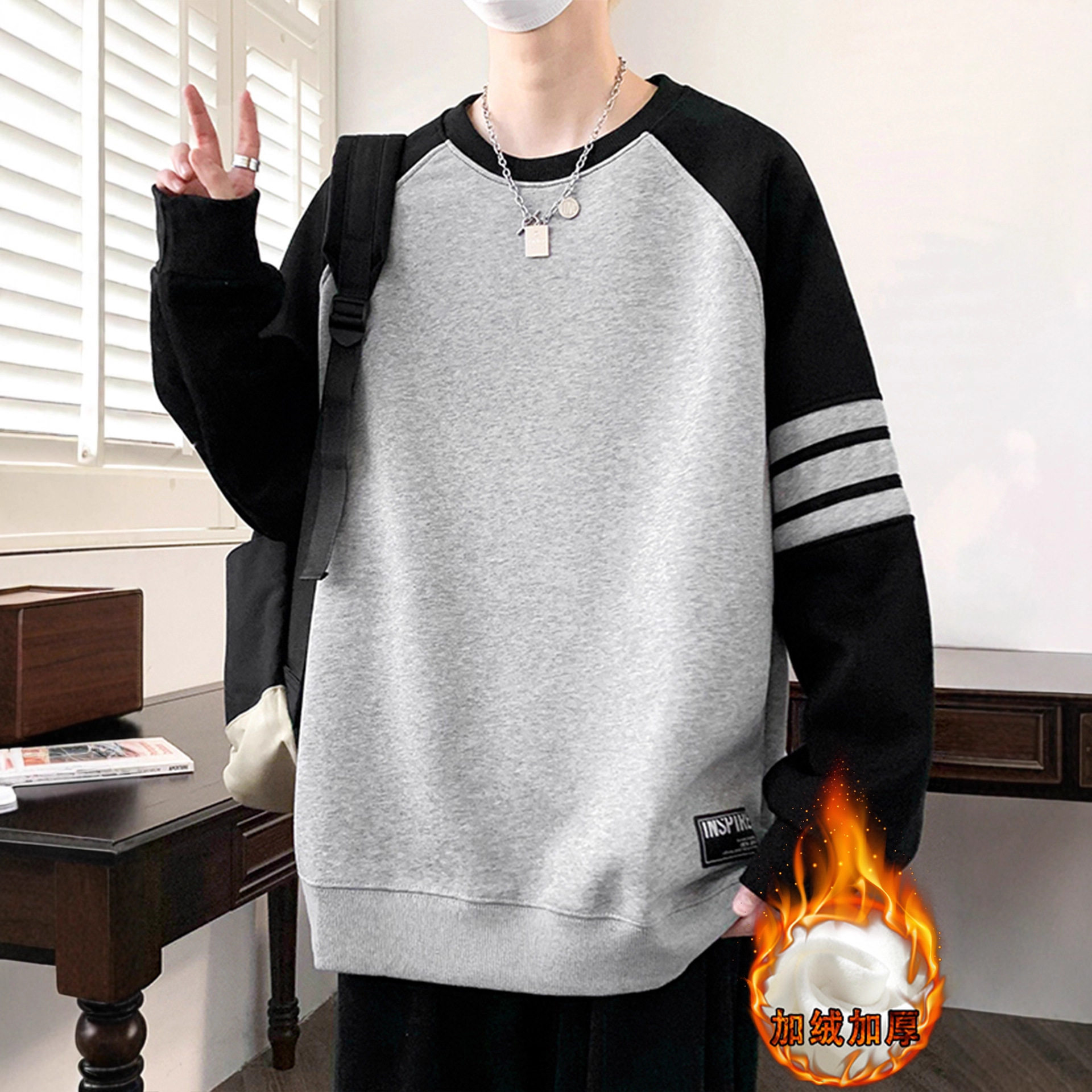 德国冬款加绒加厚卫衣男孩初中高中学生长袖t恤青少年大童保暖上