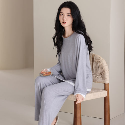 德国睡衣女季莫代尔长袖新款假两件简约薄款可外穿家居服套装