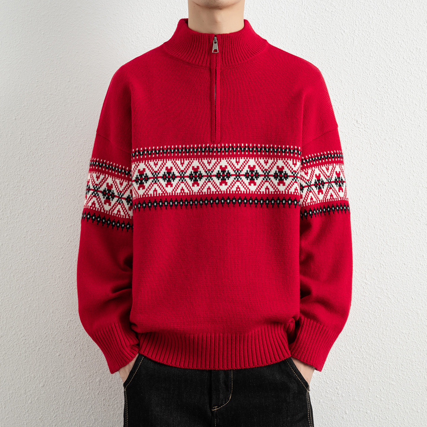 个性时尚半拉链毛衣男冬新款民族风提花立领针织衫男士休闲打底