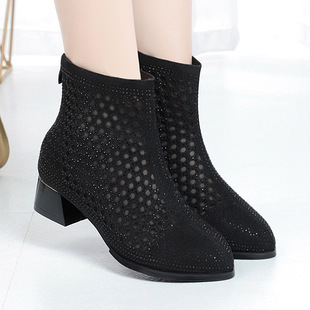 德国网靴尖头粗跟季 头层牛皮网纱高帮短靴子ZXG 新款