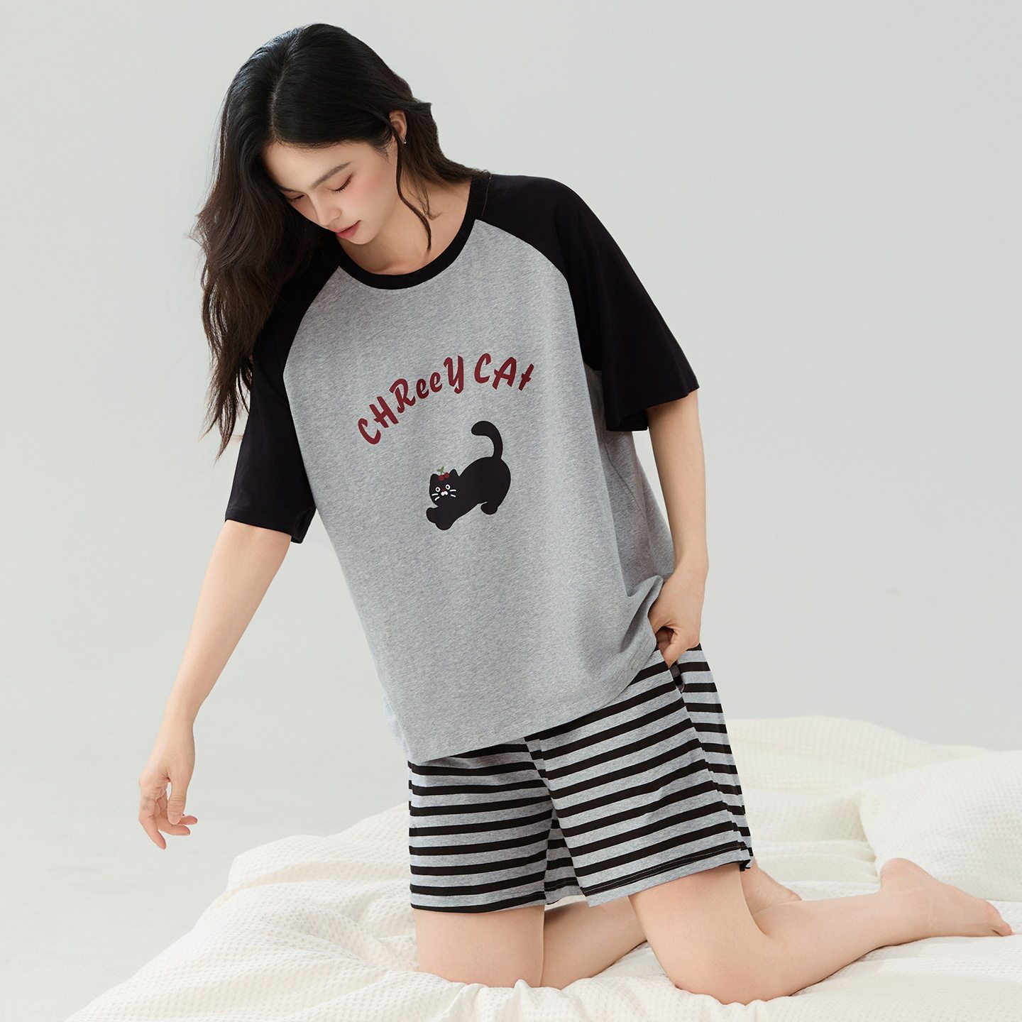德国A抗菌大码爽棉睡衣女款夏季纯棉薄款圆领短袖短裤休闲家居服