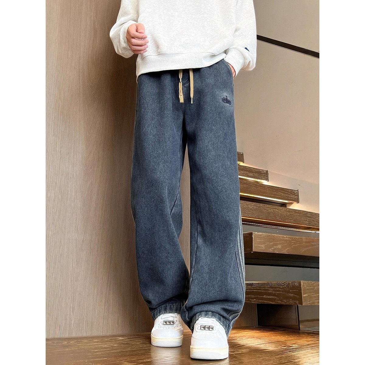 欧洲站冬季加绒加厚牛仔裤男孩初中高中学生青少年大童阔腿直筒长