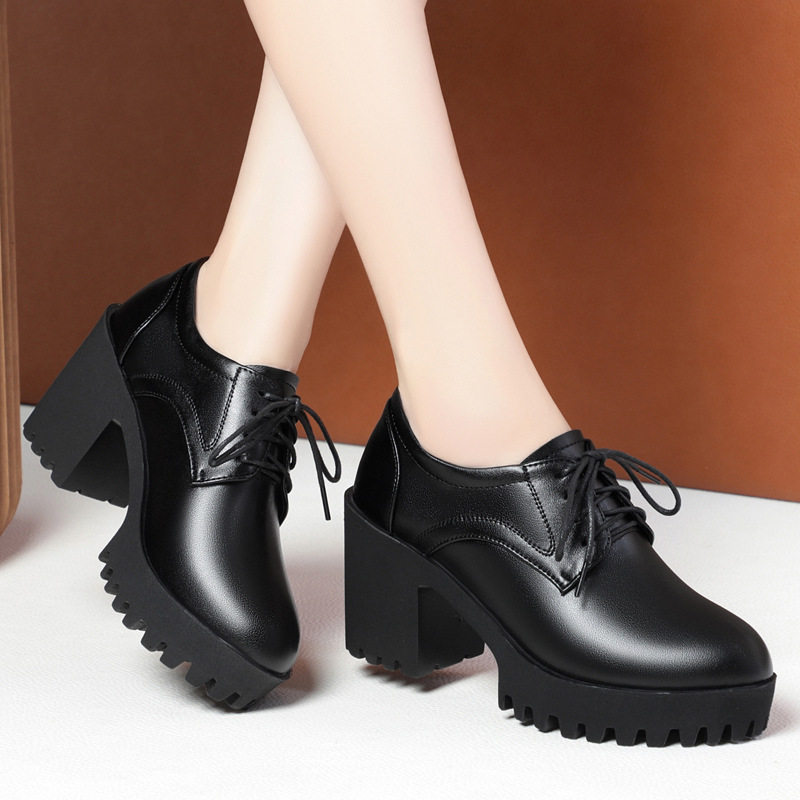 德国职业深口皮鞋女粗跟防水台厚底系带圆头黑色高跟正装工作单鞋