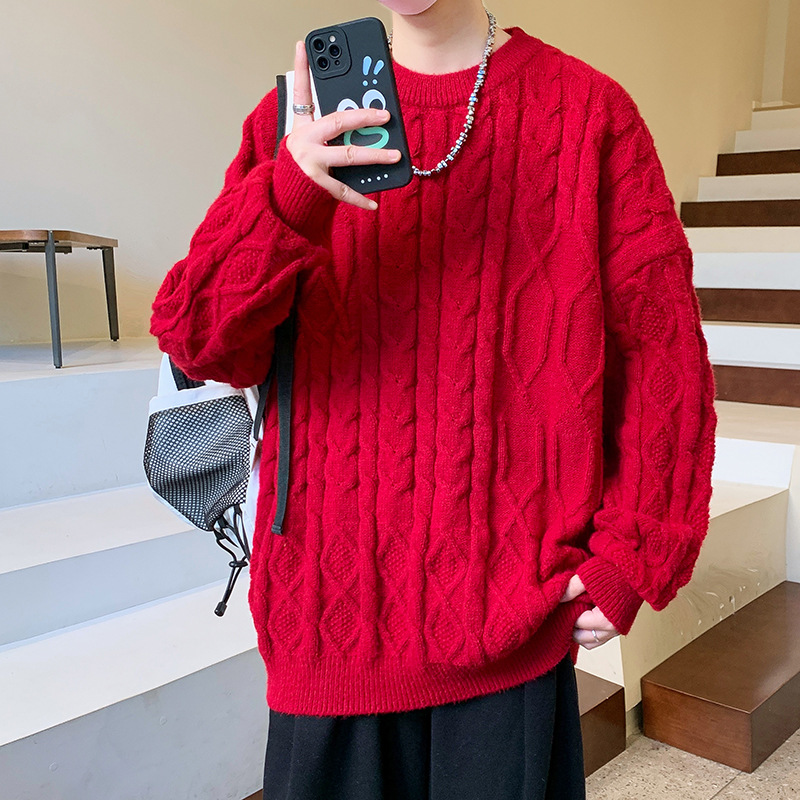 新品时尚新年红色毛衣男冬季加厚保暖本命年衣服男麻花编织慵懒针