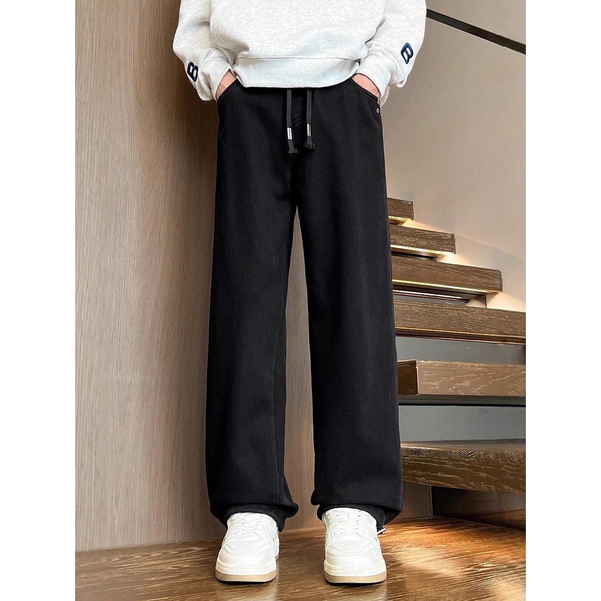 欧洲站冬季青少年加绒加厚牛仔裤子男孩初中高中学生大童直筒阔腿