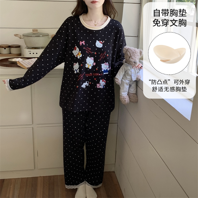 今年新品带胸垫睡衣女士款卡通可爱圆领长袖家居服学生宿舍可外穿