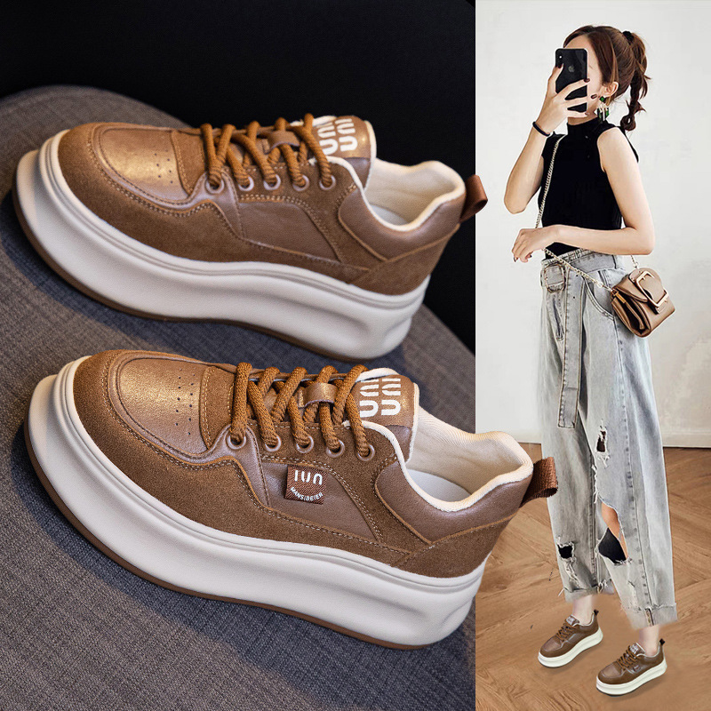 香港撤柜真皮小白鞋女新款小个子厚底松糕鞋增高显瘦运动休闲板鞋