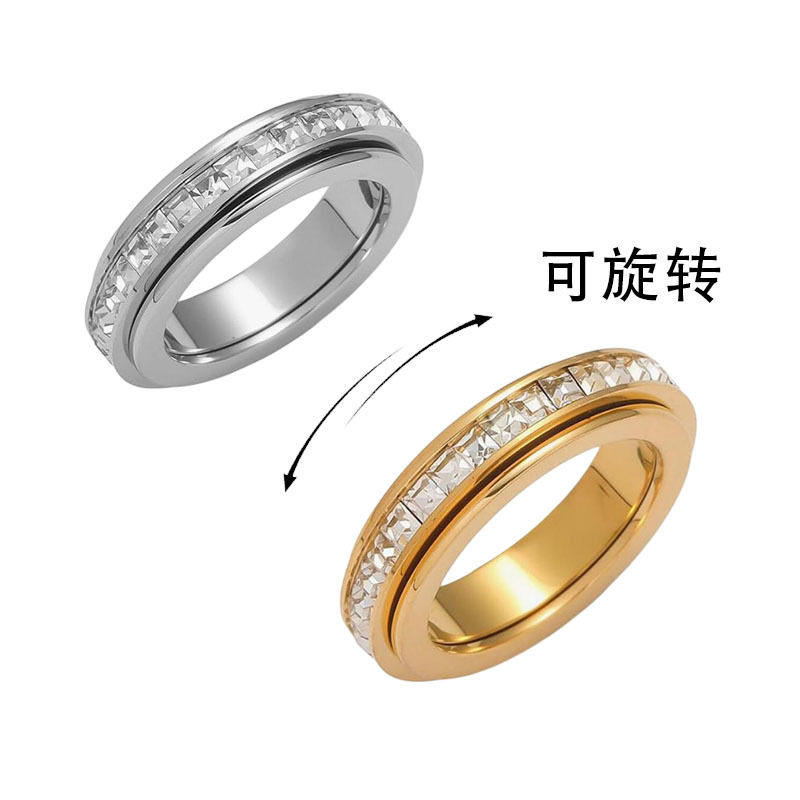 撤柜时来运转可旋转简约新款方钻满天星钛钢戒指ins网红同款情侣
