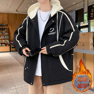 欧洲站冬款潮牌外套男孩初中高中学生加绒加厚夹克青少年大童保暖
