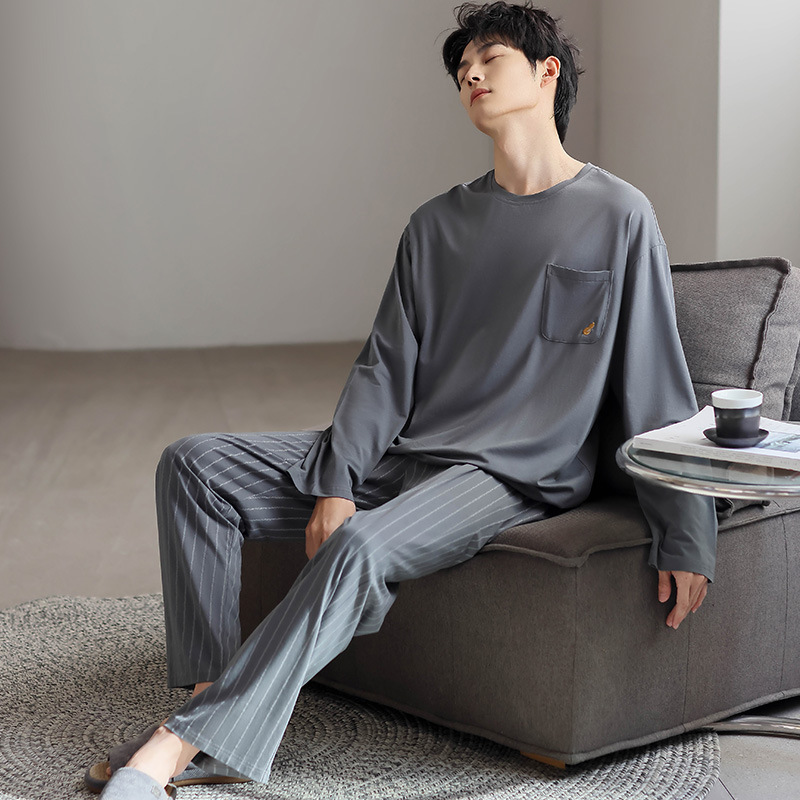 潮牌季男士睡衣长袖简约风舒适套装款长袖长裤休闲家居服大码