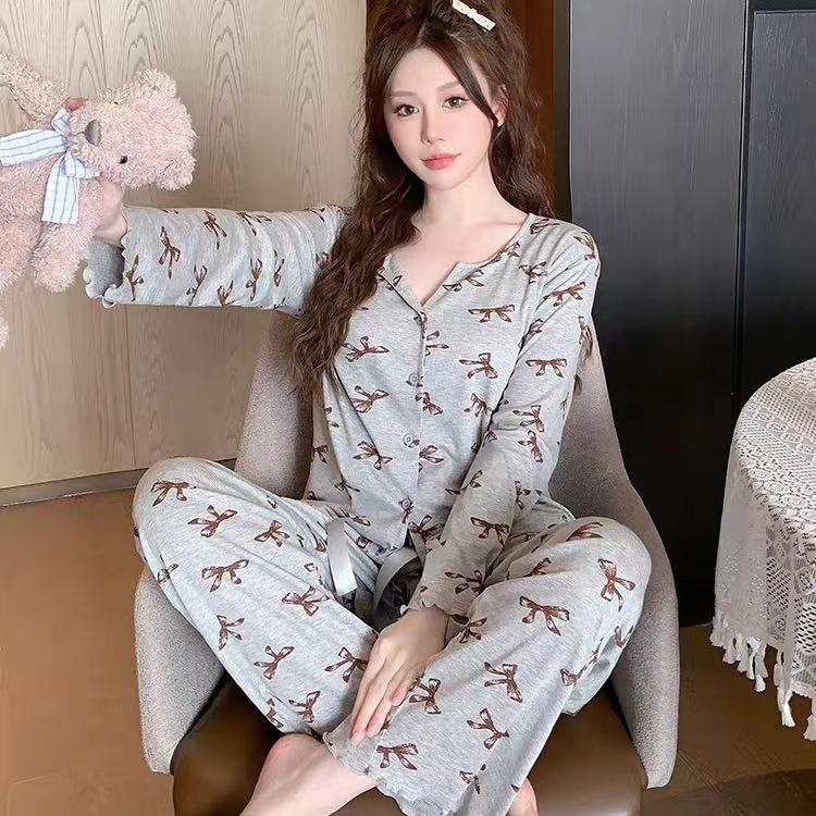 潮牌螺纹冰丝睡衣女士季网红爆款长袖长裤家居服开衫套装可外穿