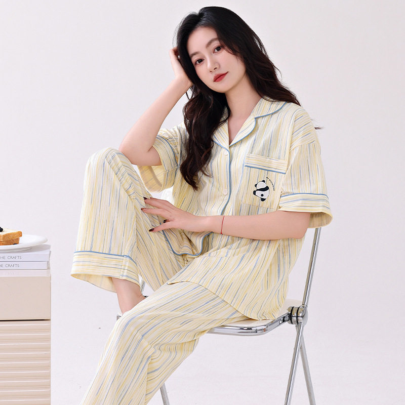 德国莱卡棉睡衣女士夏季纯棉短袖长裤家居服夏天薄款夏款大码家居