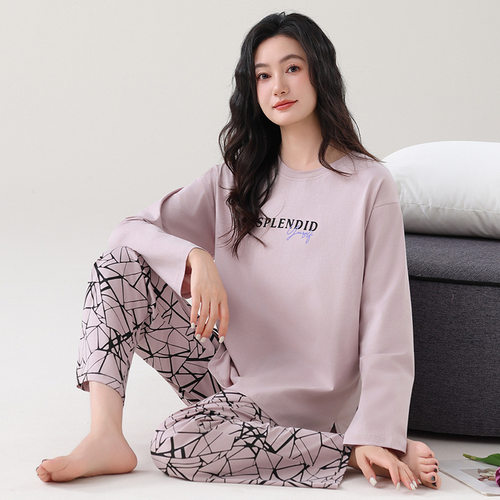 德国睡衣女款新款季女士纯棉长袖带胸垫防凹点家居服套装款