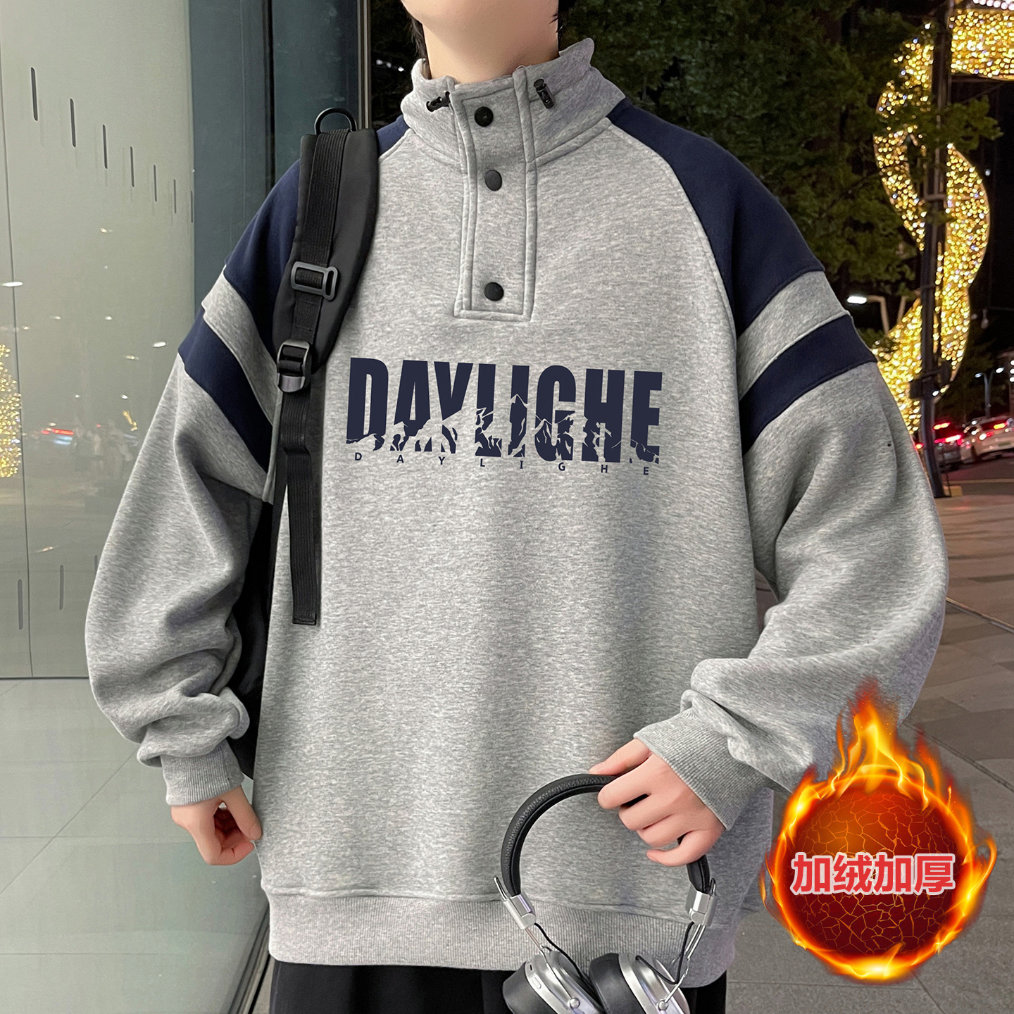 香港撤柜冬款半高领卫衣男孩初中学生加绒加厚岁青少年大童上衣服