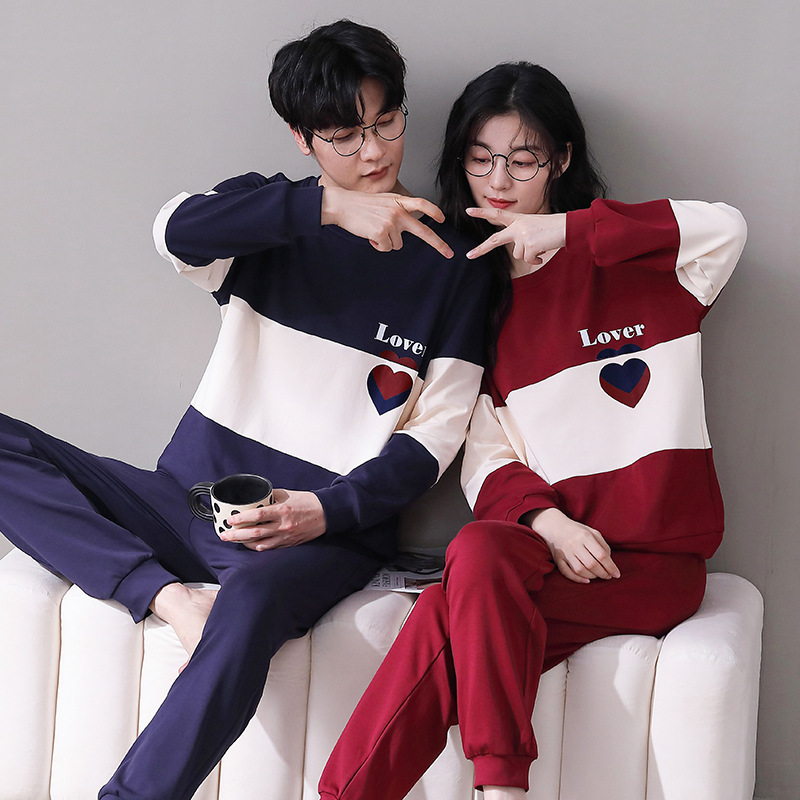 潮牌季纯棉情侣睡衣女韩版时尚圆领家居服男款休闲宽松可外穿套装