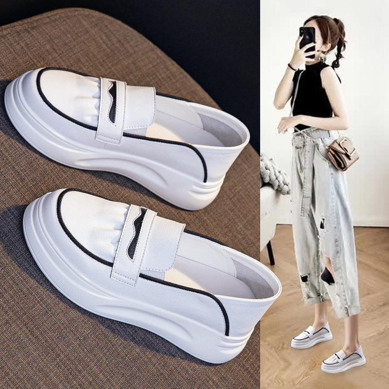 香港撤柜乐福小白鞋女真皮秋季两穿踩跟一脚蹬休闲单鞋厚底松糕女