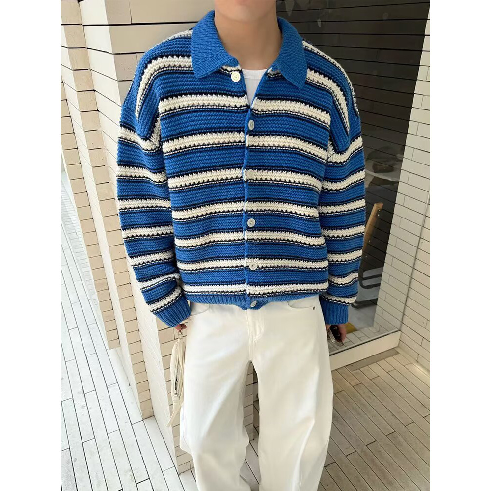 潮流时尚POLO衫翻领针织衫毛衣男条纹开衫外套外搭宽松慵懒潮