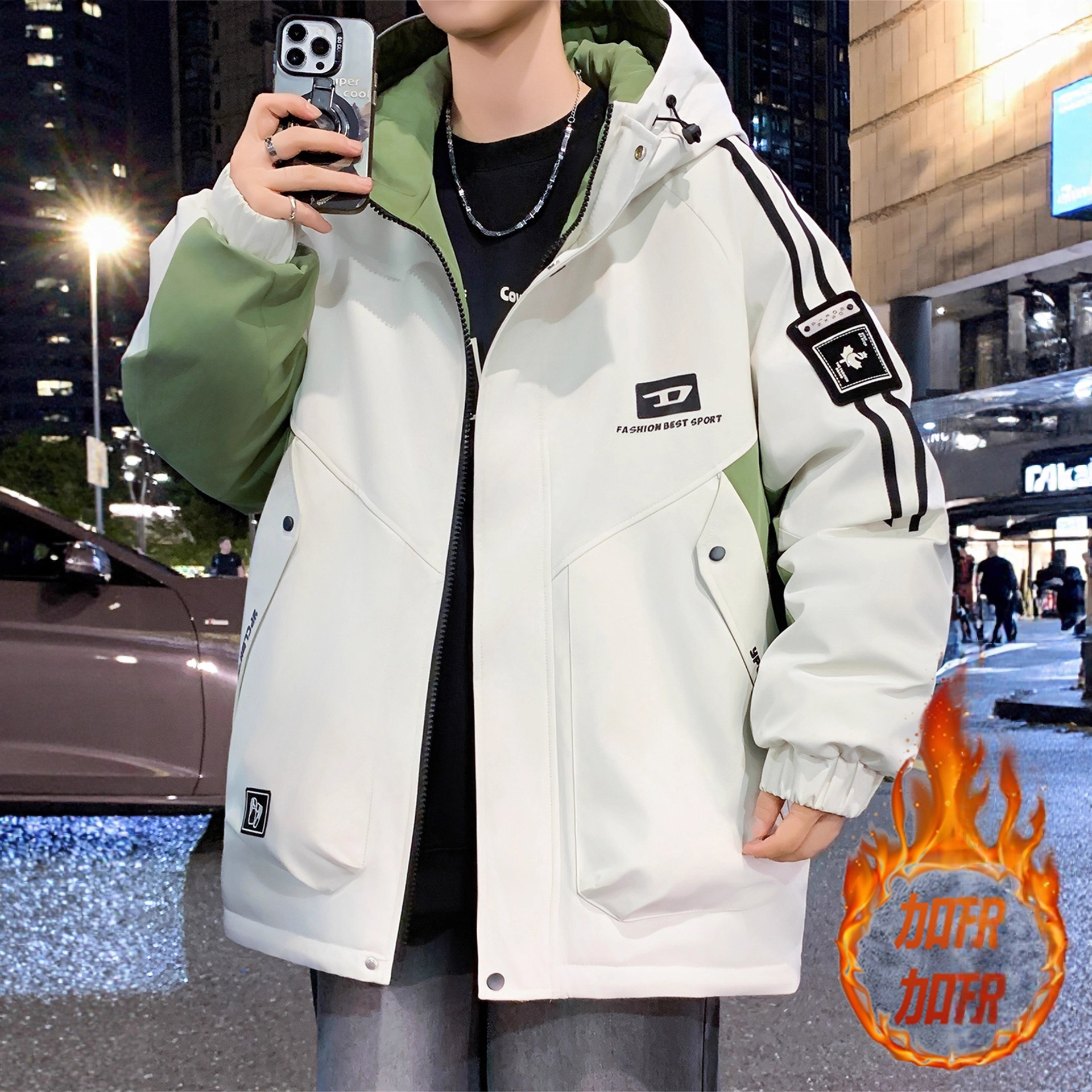 香港撤柜青少年港风加绒加厚连帽夹克男生冬季新款潮流百搭保暖宽