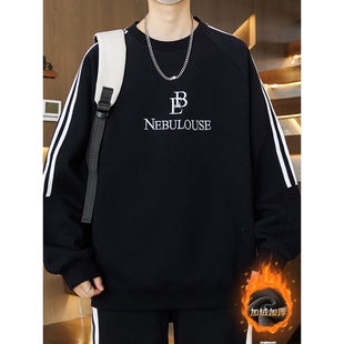 欧洲站冬季青少年潮牌圆领加绒加厚卫衣男孩初中高中学生潮流男装