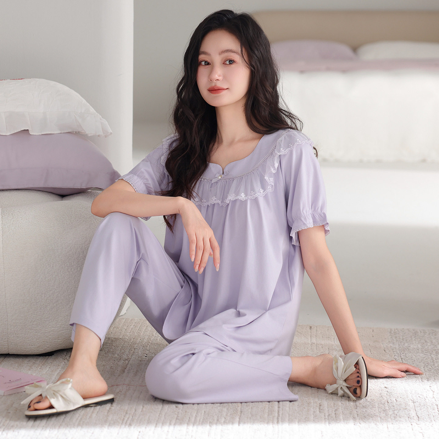 德国睡衣女款夏季纯棉短袖长裤年新款女士带胸垫可外穿家居服套装