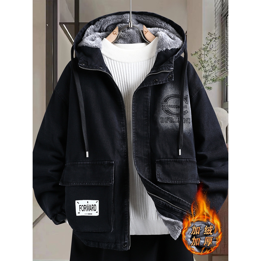 香港撤柜青少年学生冬季加绒加厚牛仔服外套男帅气潮流棉衣服港风