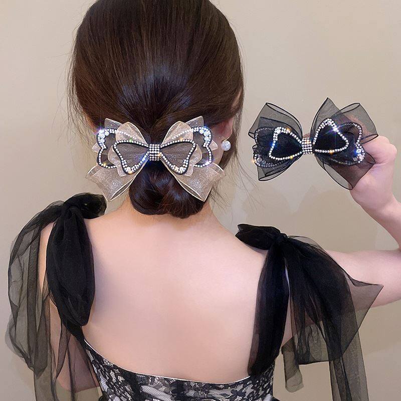 撤柜欧美多层黑色彩钻欧根纱立体蝴蝶结顶夹发夹弹簧夹日韩系发饰