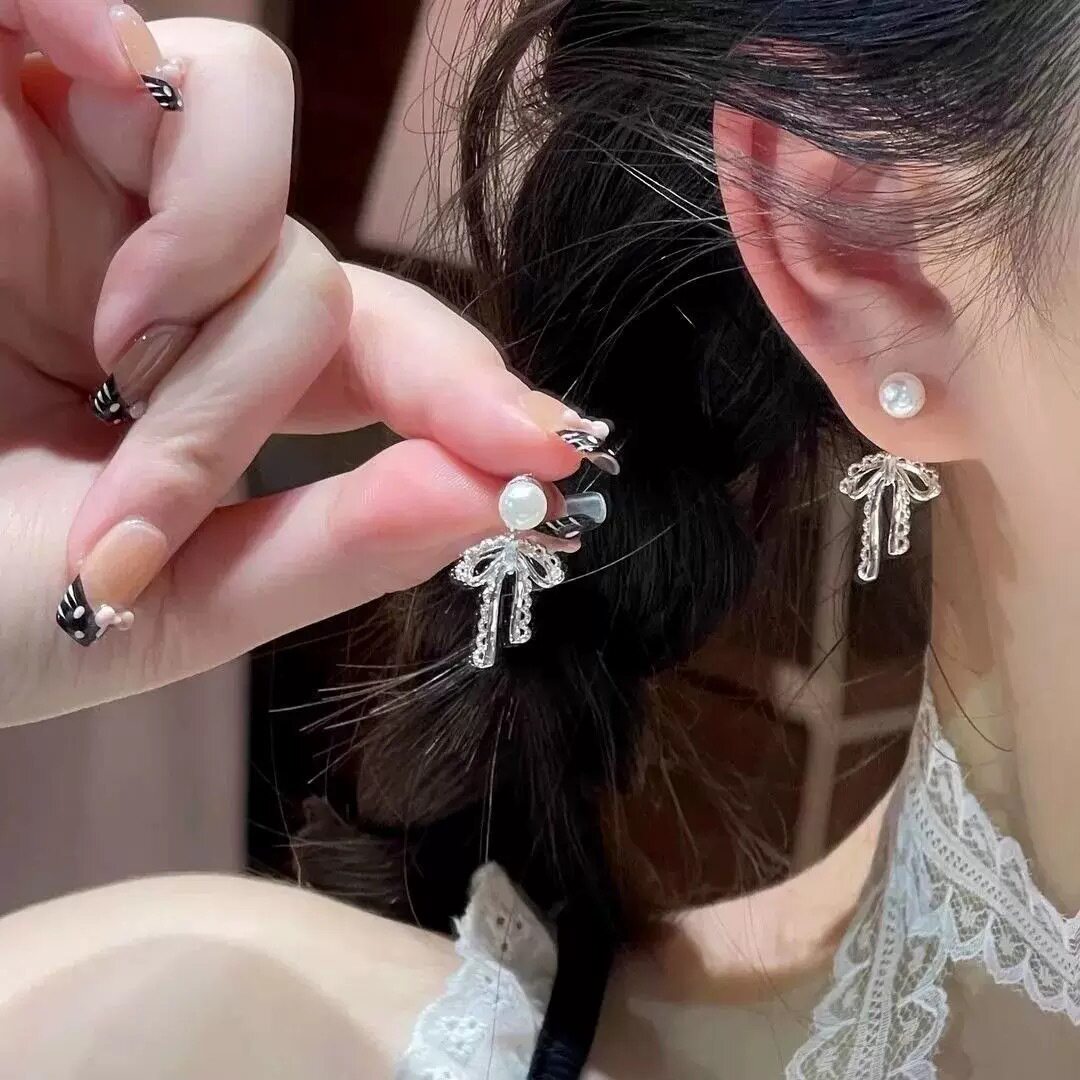 撤柜蕾丝花边蝴蝶结珠珠耳钉新款小众高级感耳环轻奢气质百搭耳饰