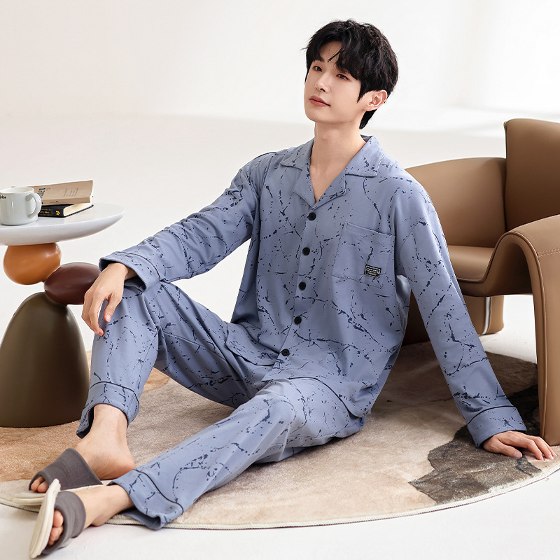 潮牌男士睡衣长袖棉质季加大码青年家居服秋款薄款中年爸爸套装