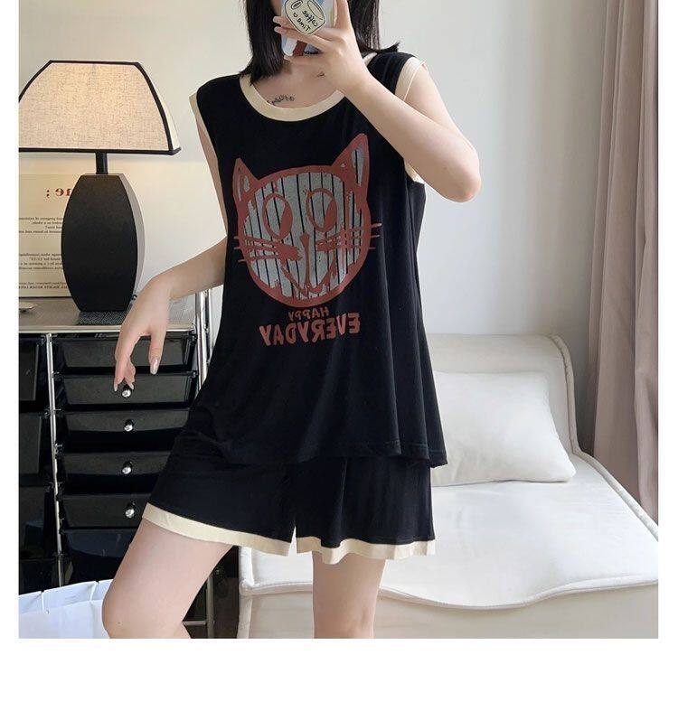 胖mm无袖背心短裤套装冰丝夏季凉感猫咪印花大码300斤睡衣家居服