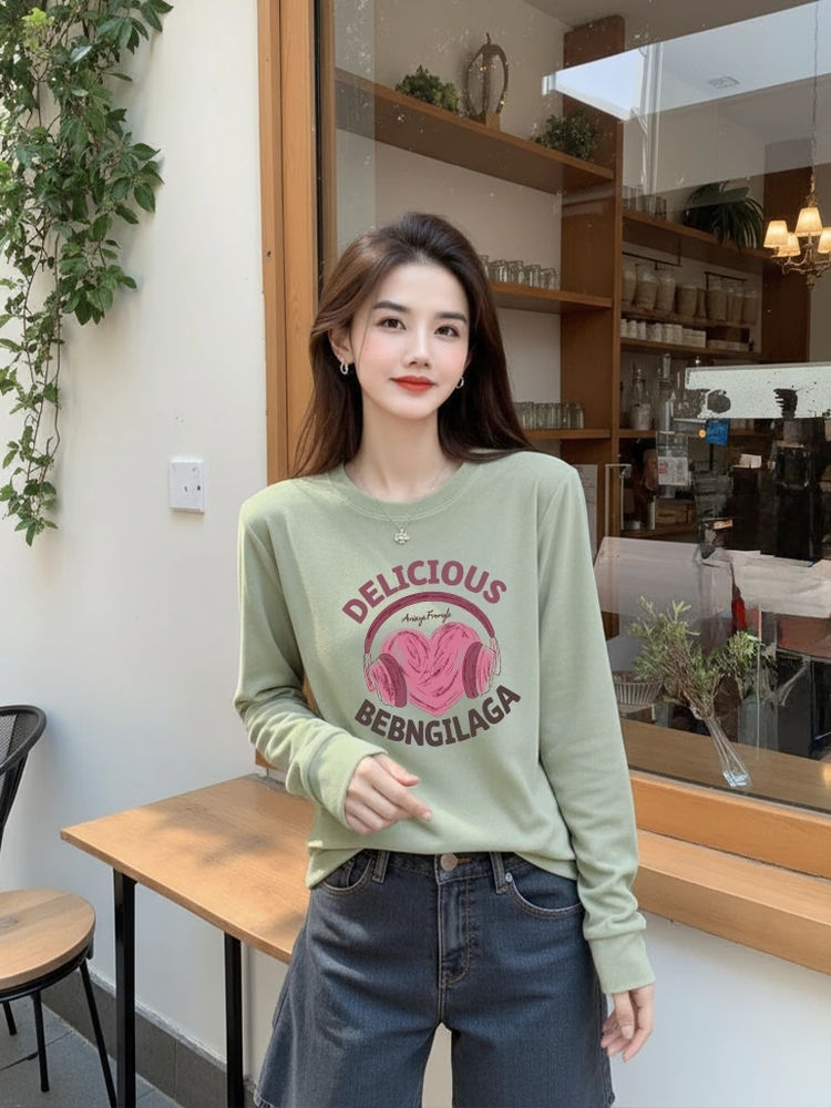 爱心耳机印花宽松长袖t恤女2025新款百搭德绒秋冬季上衣大码300斤