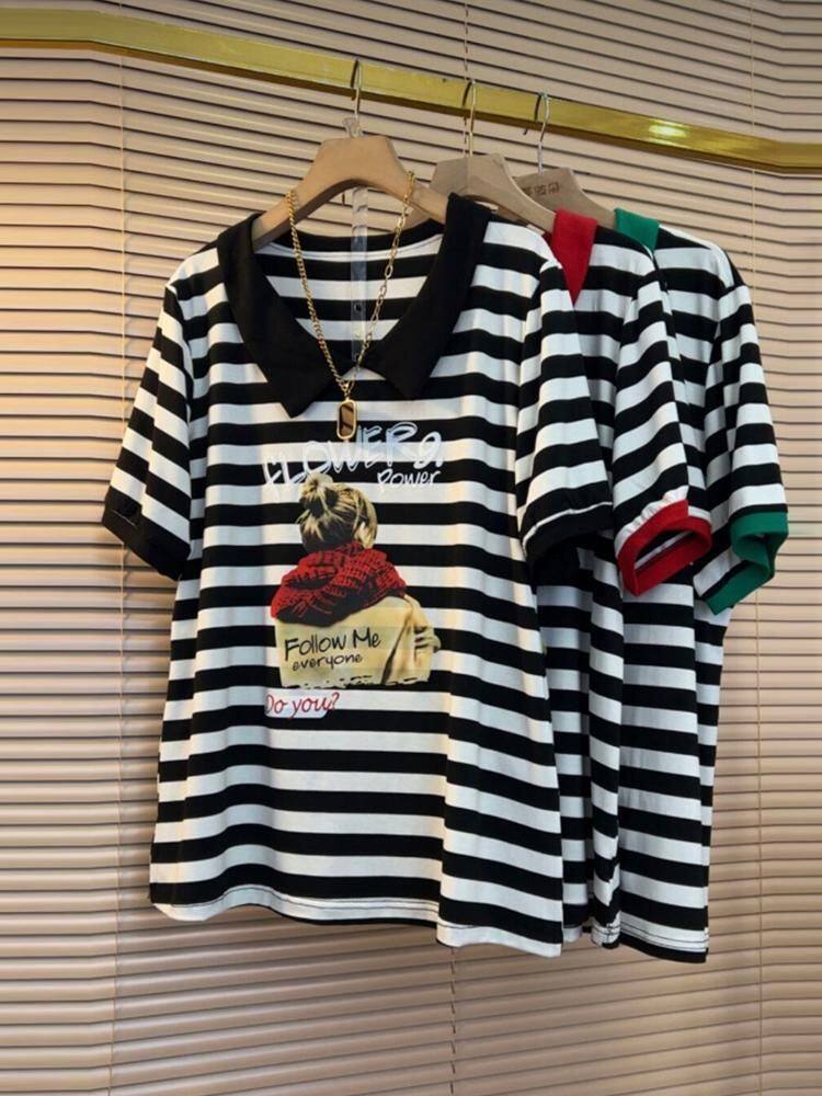 300斤大码休闲百搭短袖上衣冰丝女装夏季翻领条纹印花拼接时尚T恤