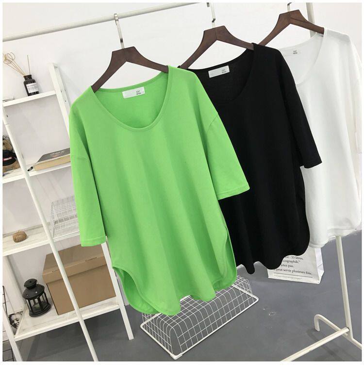 大码300斤女装胖mm韩版宽松下摆缺口纯色冰丝短袖T恤夏季百搭上衣