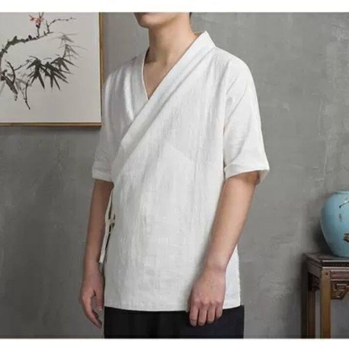 夏季国潮系带汉服改良斜襟唐装交领大码衬衫男女士民族风短袖上衣