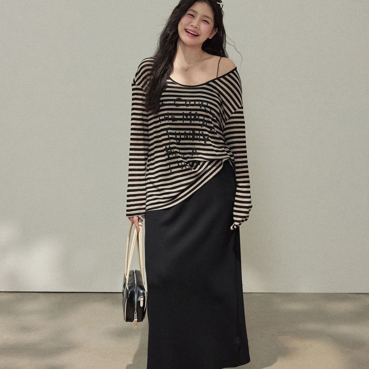 大码300斤胖mm松弛感条纹长袖防晒罩衫垂感半身裙两件套装慵懒风