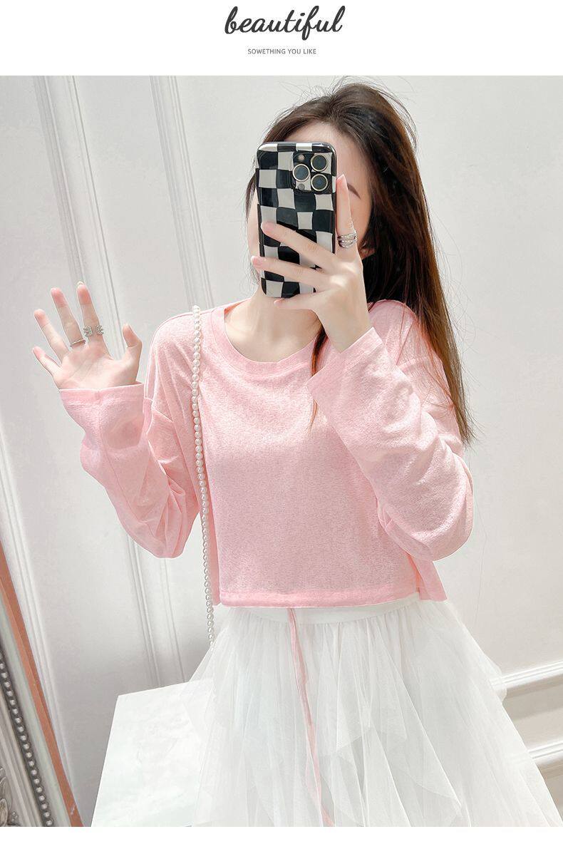 300斤宽松罩衫女夏季坎肩套头长袖抽绳t恤吊带裙外搭短款上衣