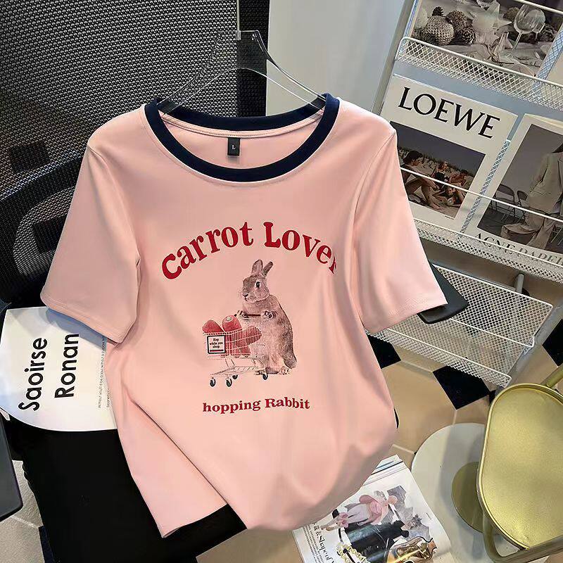 大码300斤冰丝女装夏季印花短袖T恤胖mm宽松遮肚显瘦简约时尚上衣