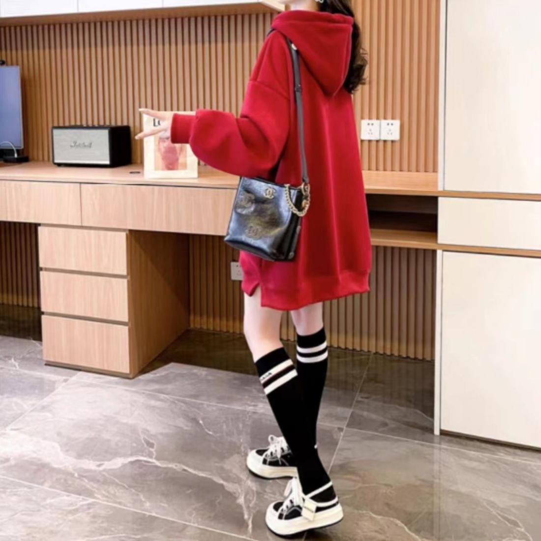 立体口袋中长款长袖连帽加绒卫衣女装秋冬韩版休闲宽松大码300斤