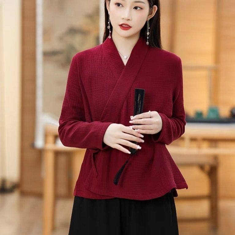 大码300斤民族风改良汉服新中式交领唐装茶艺服中国风禅茶服上衣