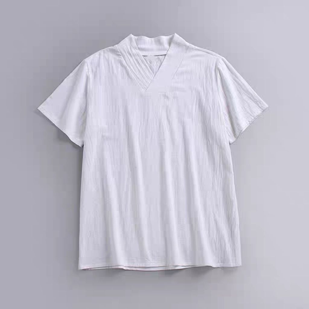 新中式胖MM交领短袖T恤男女V领大码汉服中国风宽松练功拜佛禅修服