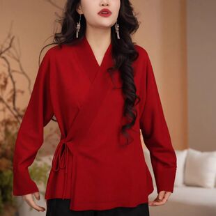2025秋冬德绒交叉领长袖大码显瘦百搭系带红色汉服内衬新中式上衣